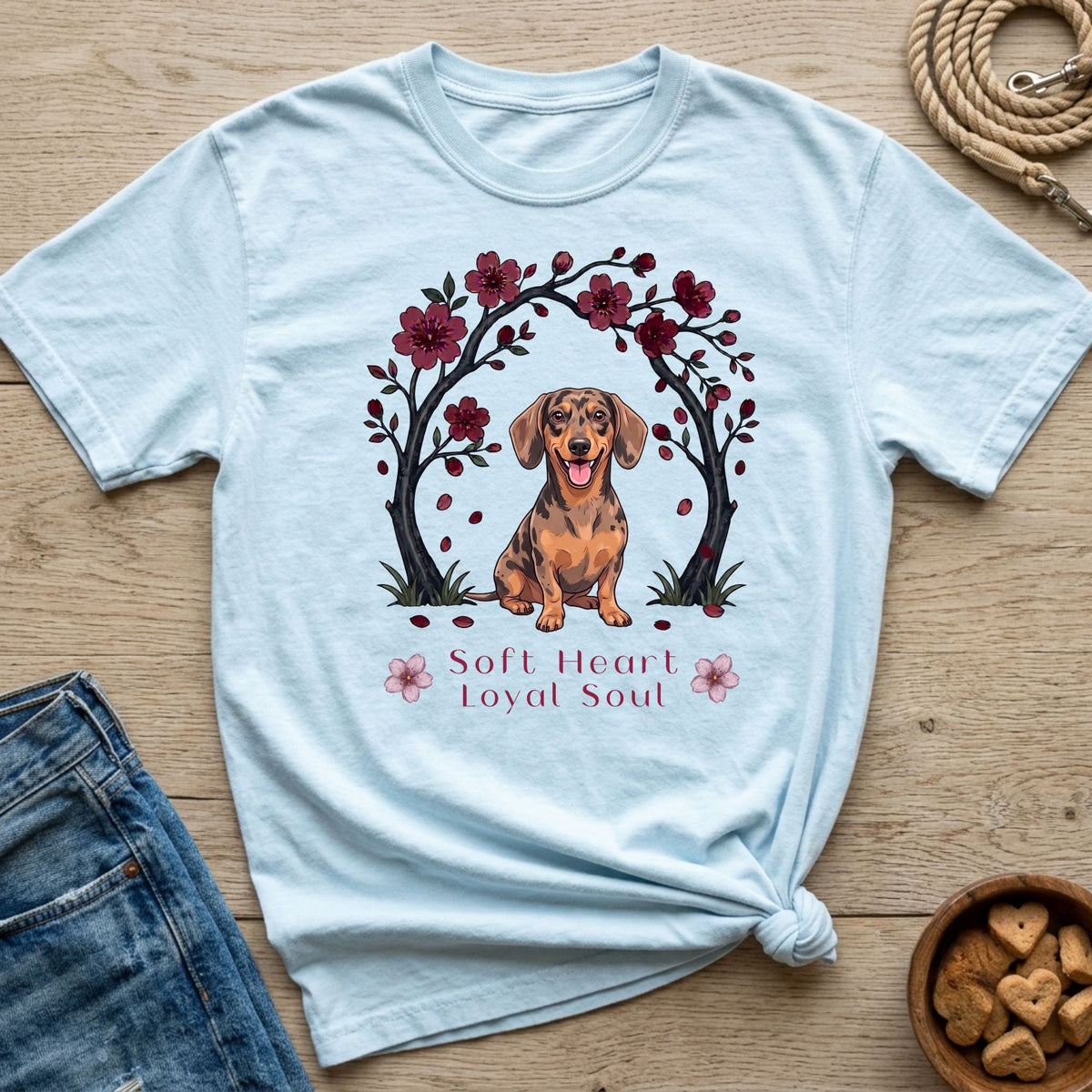 Light blue t-shirt with dachshund and cherry blossoms, "Soft Heart Loyal Soul" text.