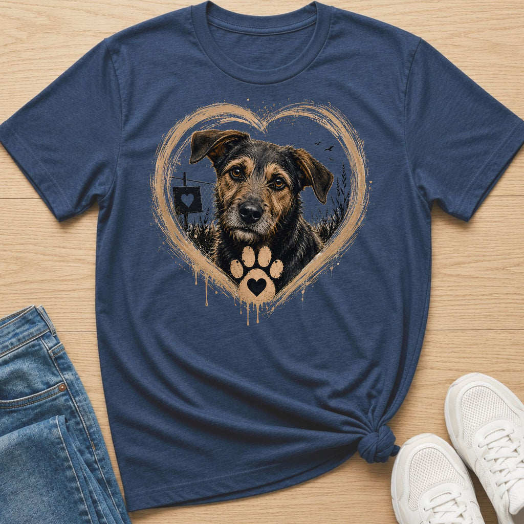 T-shirt with a dog inside a heart outline, wearing a paw print tag.