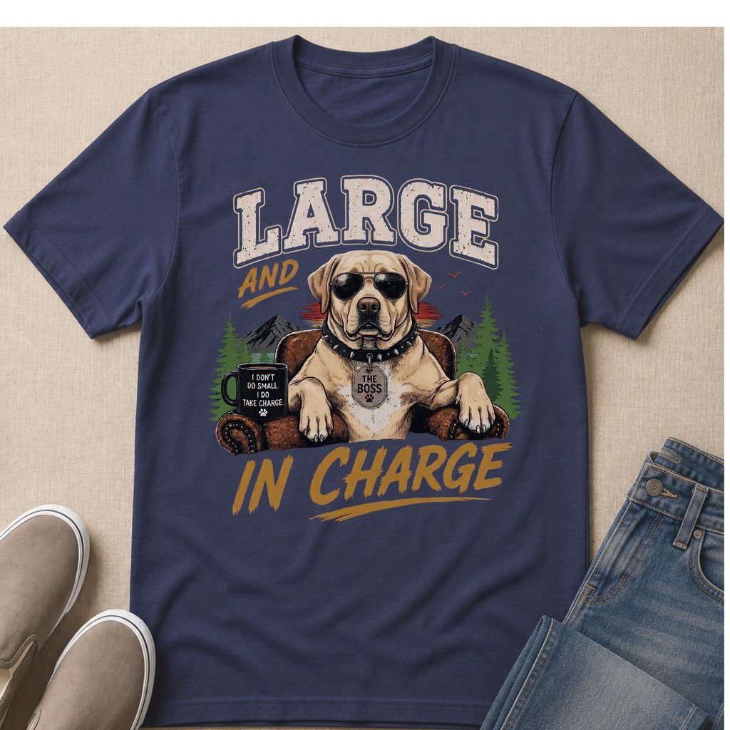Labrador dog in sunglasses wearing a "The Boss" tag, with "Large and In Charge" text.
