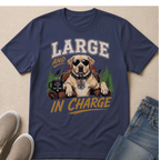 Labrador dog in sunglasses wearing a "The Boss" tag, with "Large and In Charge" text.