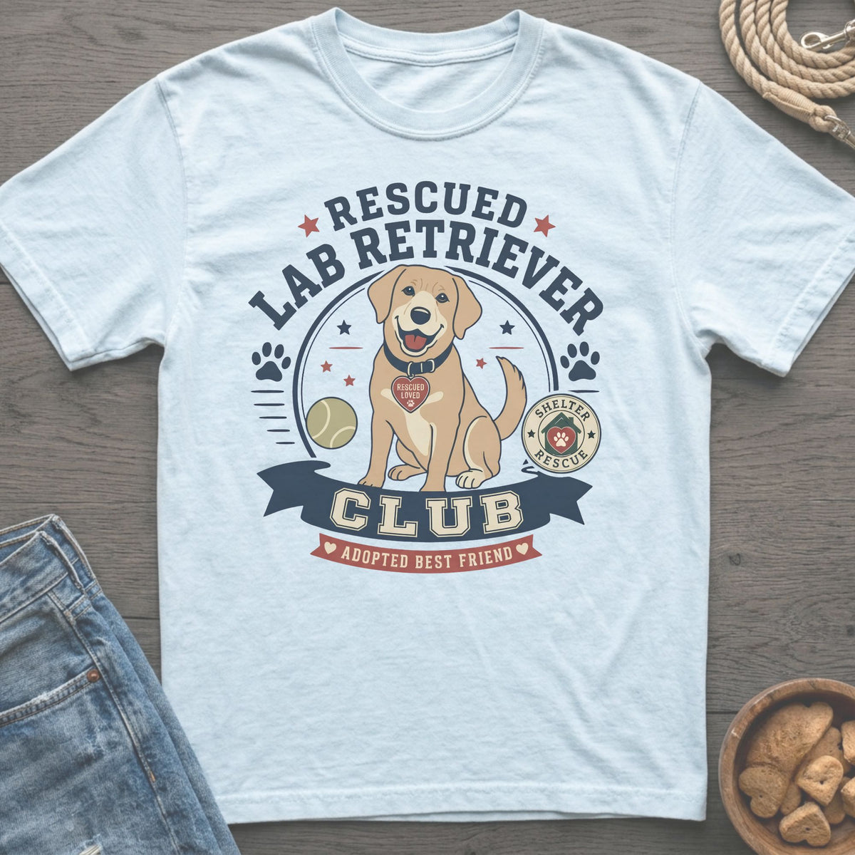 White t-shirt with "Rescued Lab Retriever Club Adopted Best Friend" graphic.