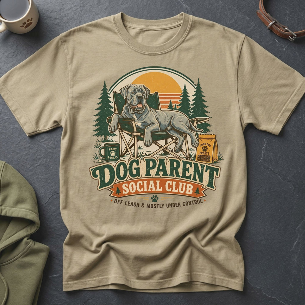 Tan t-shirt with "Dog Parent Social Club" and a dog on a camping chair.