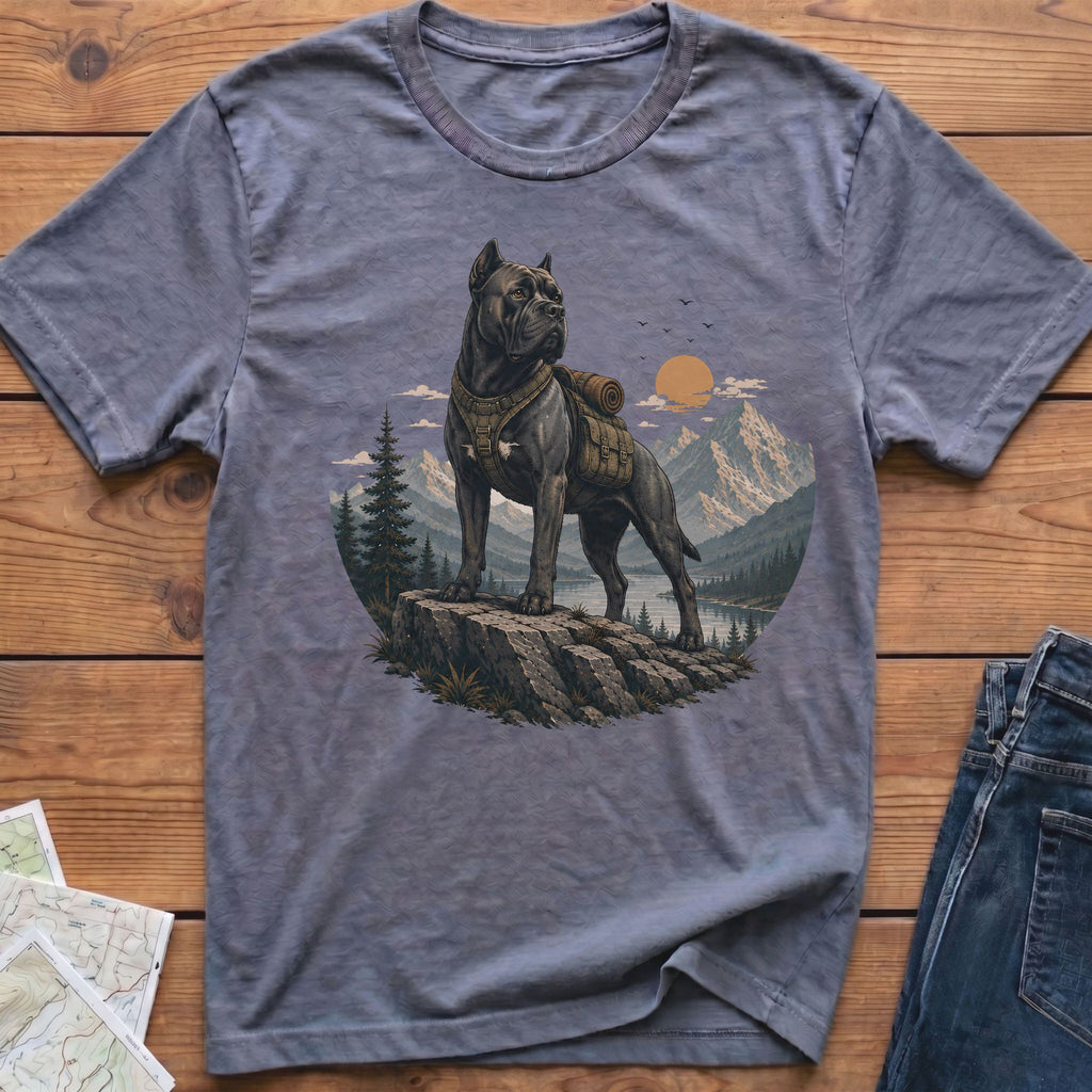 Dog with backpack on rocky overlook with mountains and lake in background.