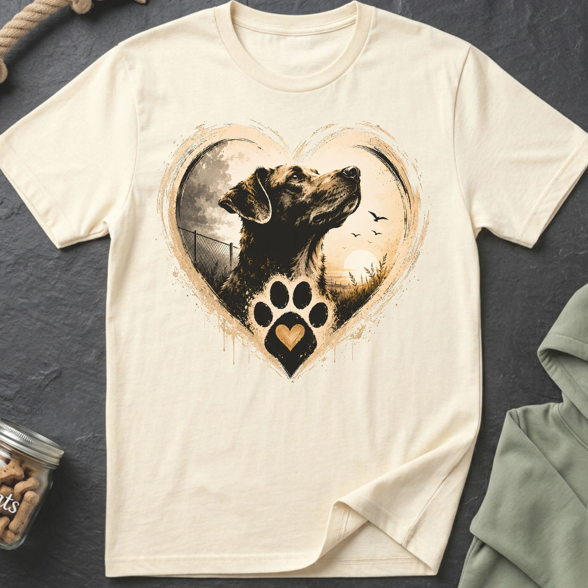 Cream t-shirt with heart-shaped dog graphic featuring paw print.