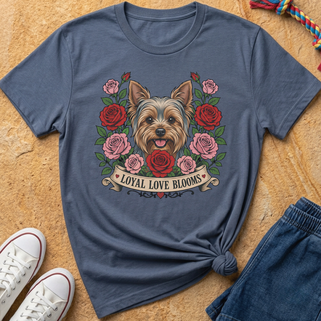 Yorkshire Terrier surrounded by red and pink roses with "Loyal Love Blooms" text.