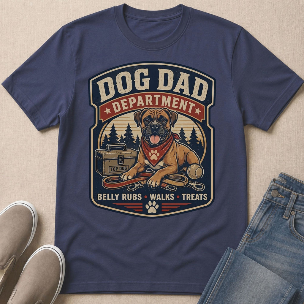 Dog Dad Department graphic tee with a boxer dog, leash, and tennis ball.