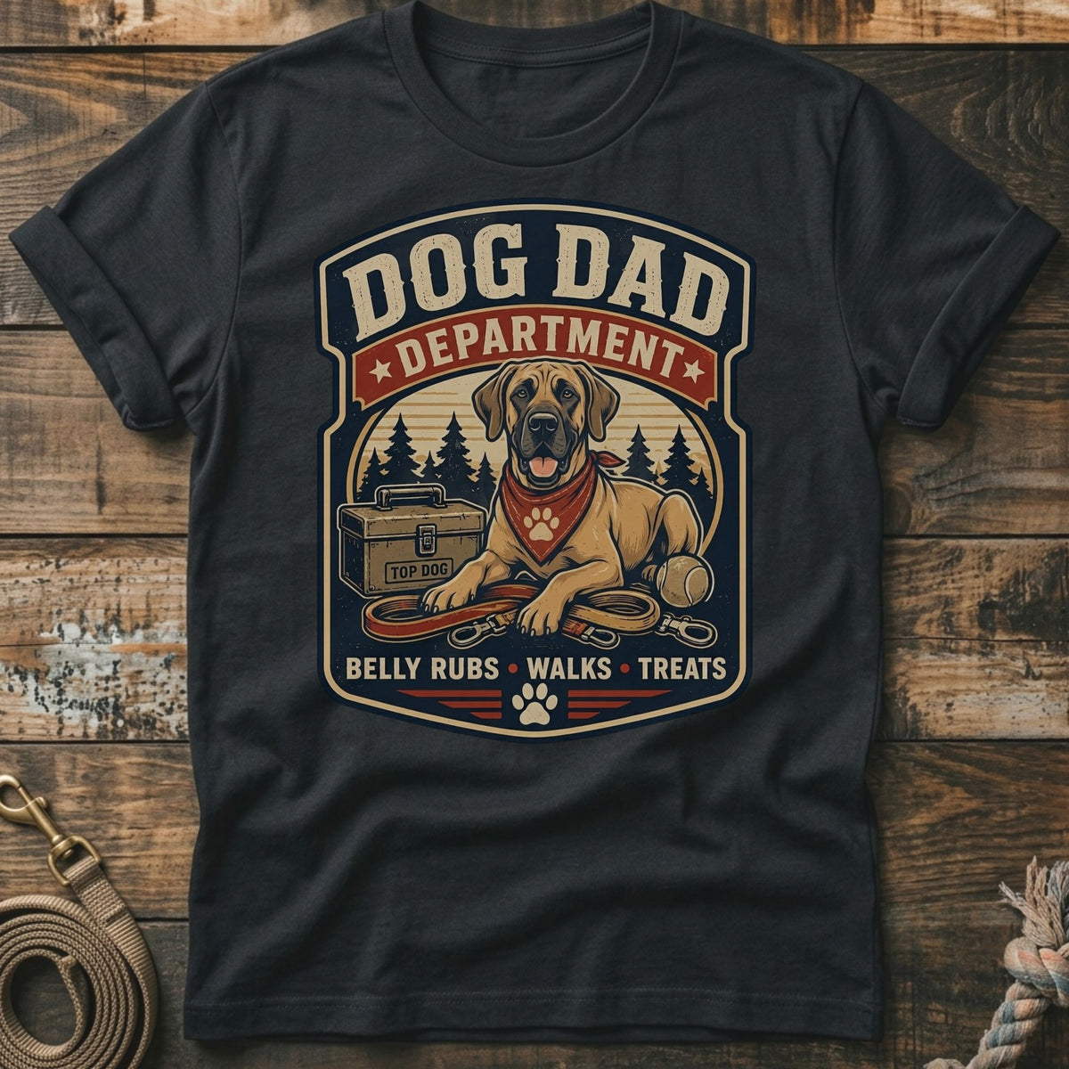 Dog Dad Department design with a dog, leash, ball, and toolbox.