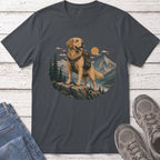 Golden retriever wearing a backpack on a rocky outcrop with mountains and lake backdrop.