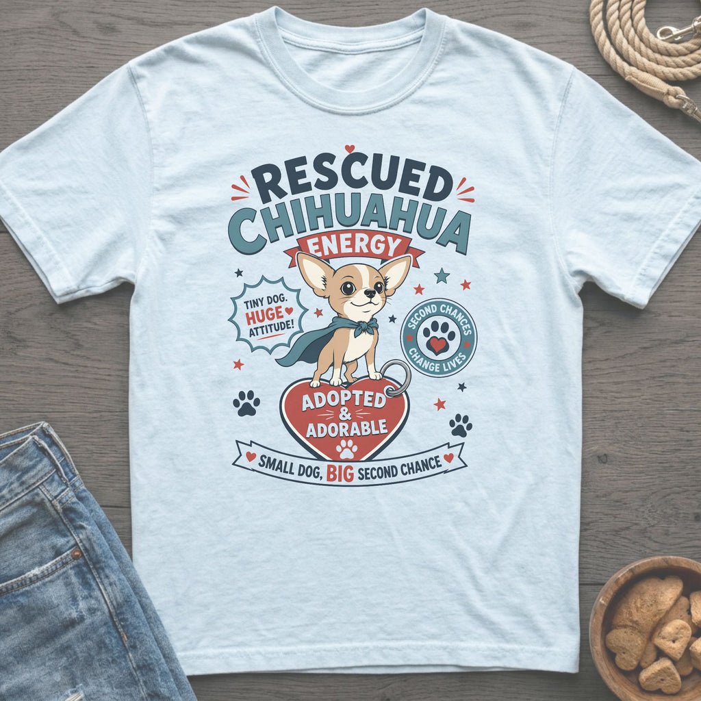 Rescued Chihuahua with cape, text "Adopted & Adorable, Small Dog, Big Second Chance".