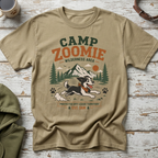 T-shirt graphic with text "CAMP ZOOMIE WILDERNESS AREA PROTECTED OFF-LEASH TERRITORY EST. 3AM" and a running dog.