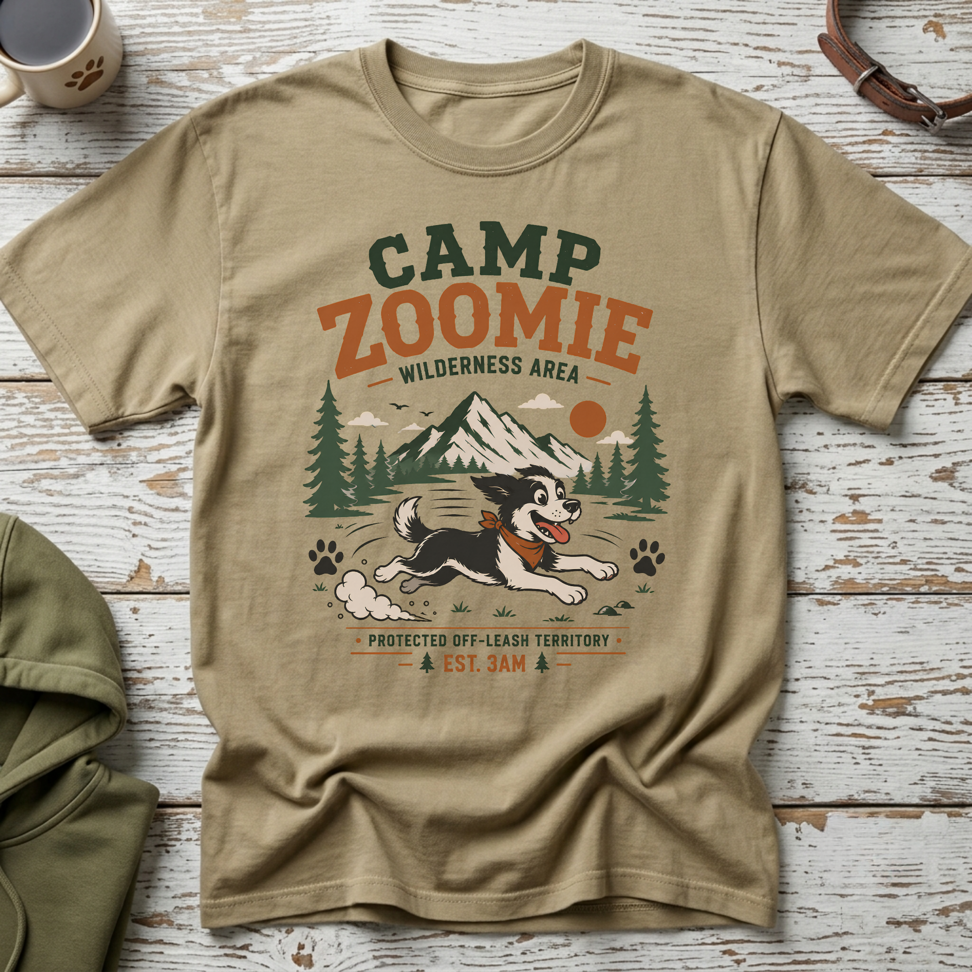 T-shirt graphic with text "CAMP ZOOMIE WILDERNESS AREA PROTECTED OFF-LEASH TERRITORY EST. 3AM" and a running dog.