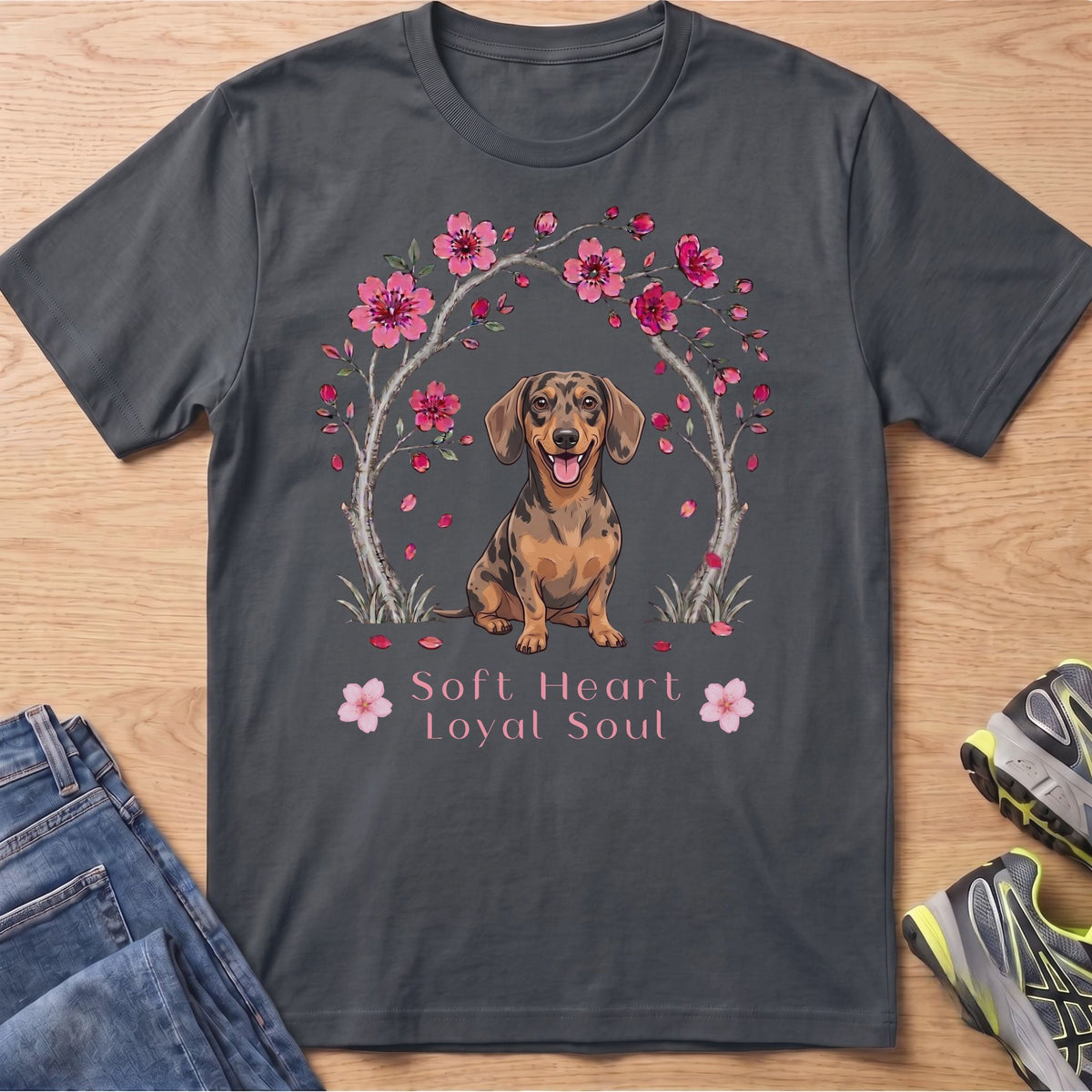 Dachshund with floral arch and text "Soft Heart Loyal Soul".