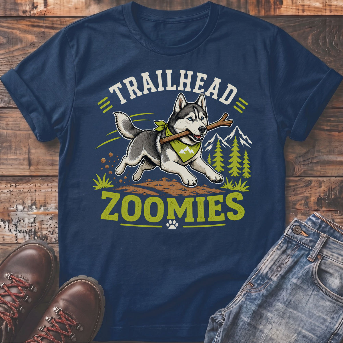 Husky dog with stick on shirt that says "TRAILHEAD ZOOMIES"