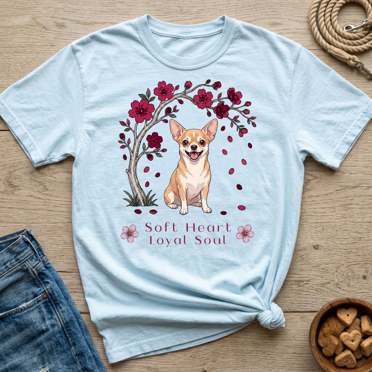 Light blue t-shirt with a cartoon Chihuahua under a blooming cherry tree.