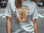 "Rescued Golden Hearts" t-shirt with a golden retriever and adoption theme.