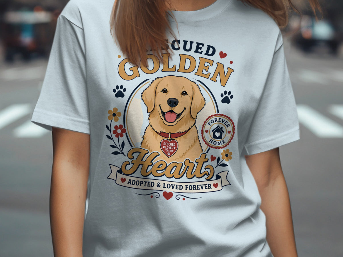 "Rescued Golden Hearts" t-shirt with a golden retriever and adoption theme.
