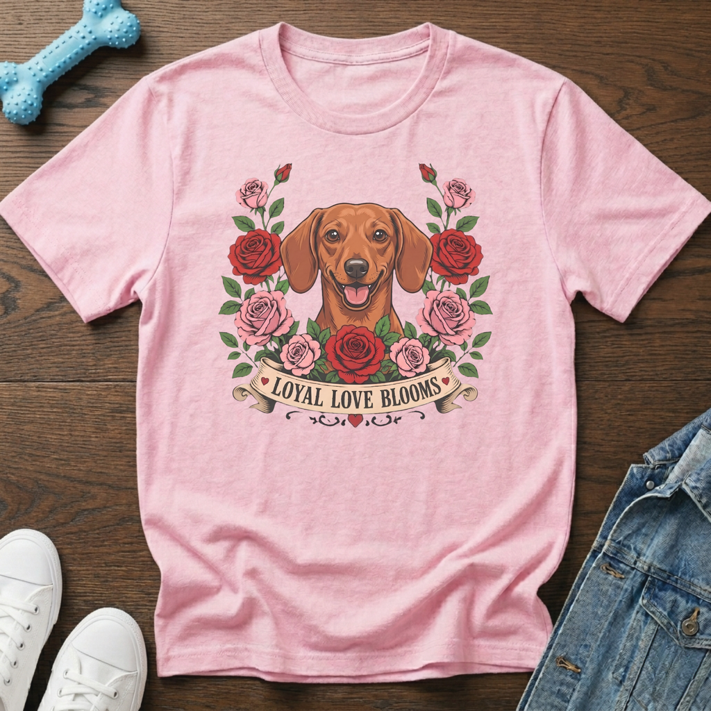 Pink t-shirt with a dachshund surrounded by roses and text "Loyal Love Blooms."