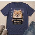 Pomeranian dog mugshot with text "Most Wanted Zoomie Reckless Speeding".