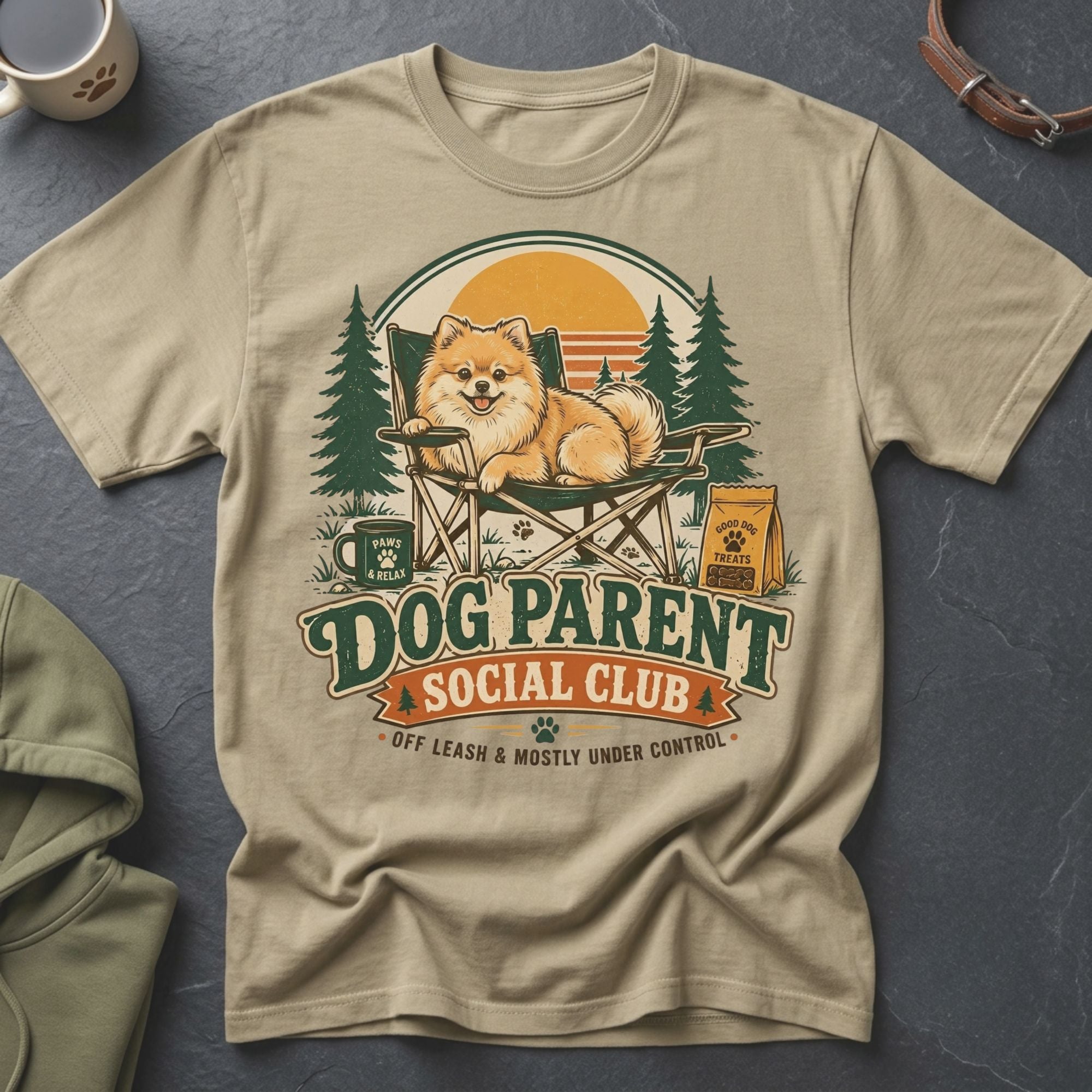 T-shirt graphic of a dog in a camp chair with "Dog Parent Social Club" text.