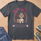 Dark gray t-shirt with a Shih Tzu dog illustration surrounded by cherry blossoms and the text "Soft Heart Loyal Soul."