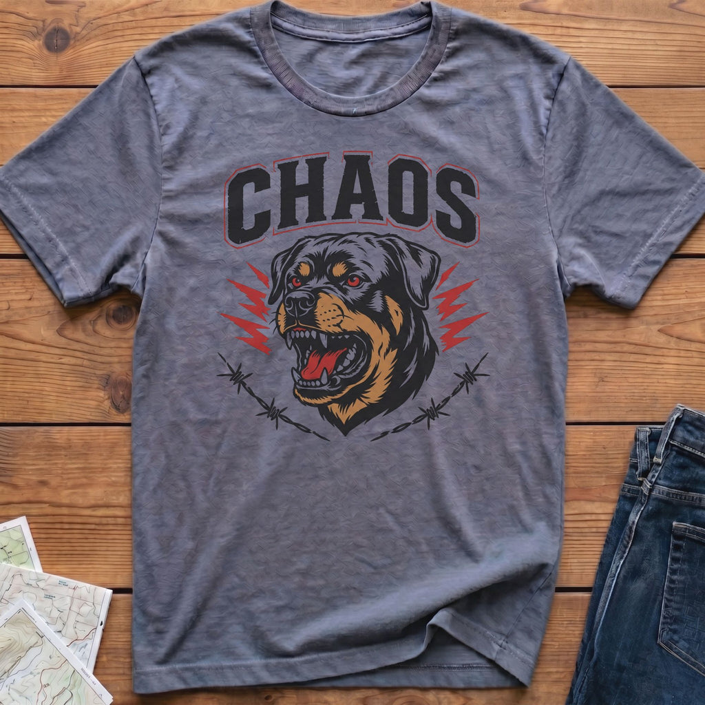 Grey t-shirt with "CHAOS" text and a roaring Rottweiler graphic.