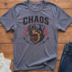 Grey t-shirt with "CHAOS" text and a roaring Rottweiler graphic.