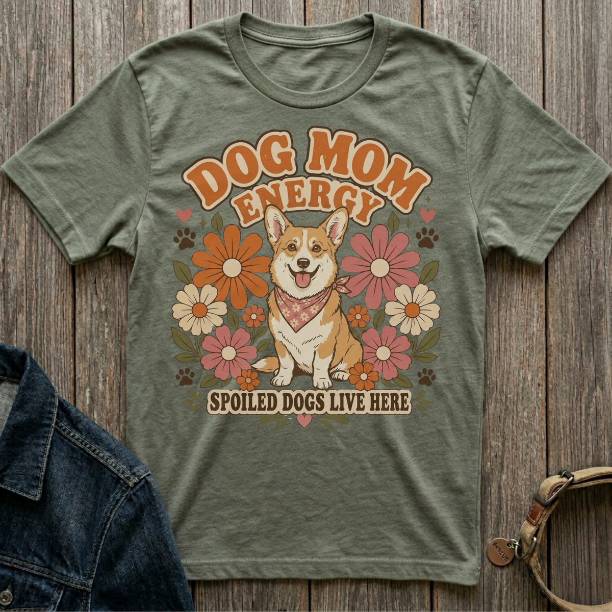 Green t-shirt with a smiling corgi, flowers, and text "DOG MOM ENERGY" and "SPOILED DOGS LIVE HERE".