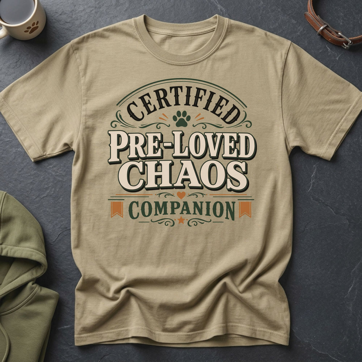 Tan t-shirt with text "Certified Pre-Loved Chaos Companion" and dog paw graphic.