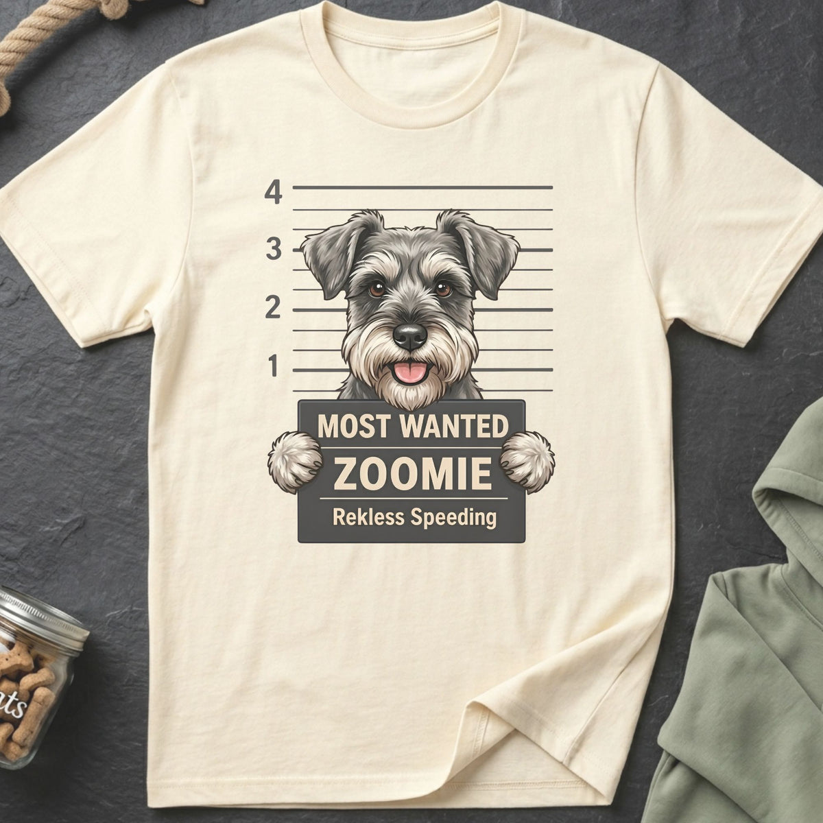Schnauzer mugshot graphic with "Most Wanted Zoomie" and "Rekless Speeding" text on a cream t-shirt.