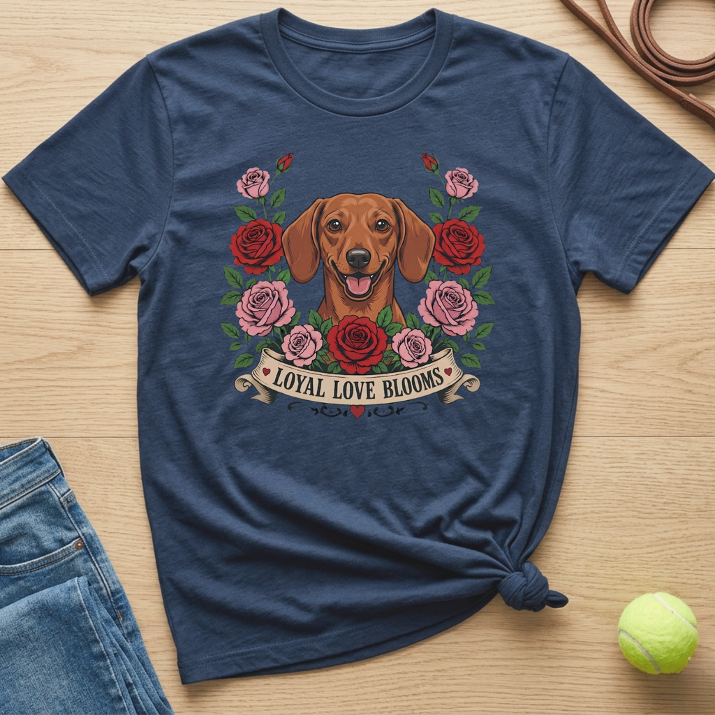 Dachshund surrounded by roses with "Loyal Love Blooms" banner on navy t-shirt.