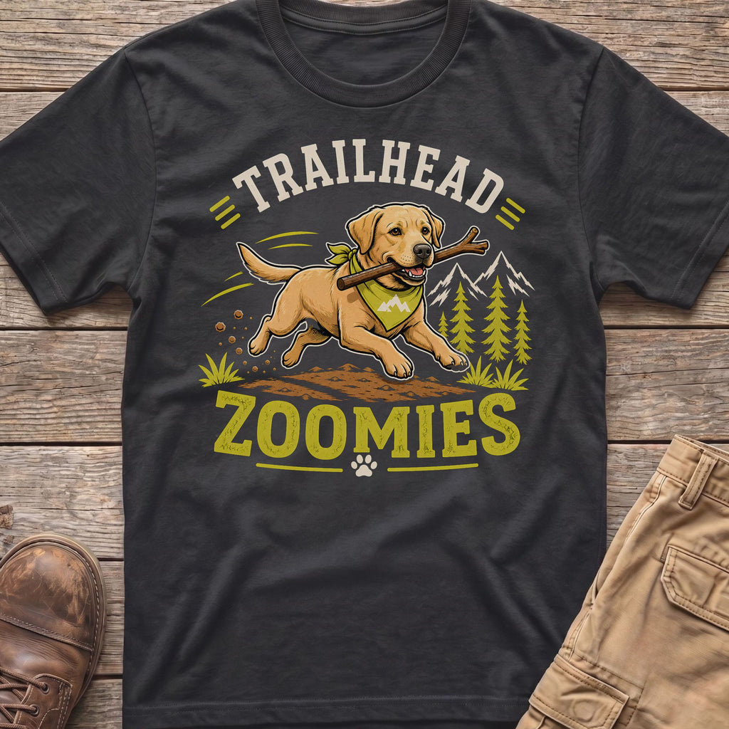Labrador with stick and bandana, "TRAILHEAD ZOOMIES" text, mountains, and trees.