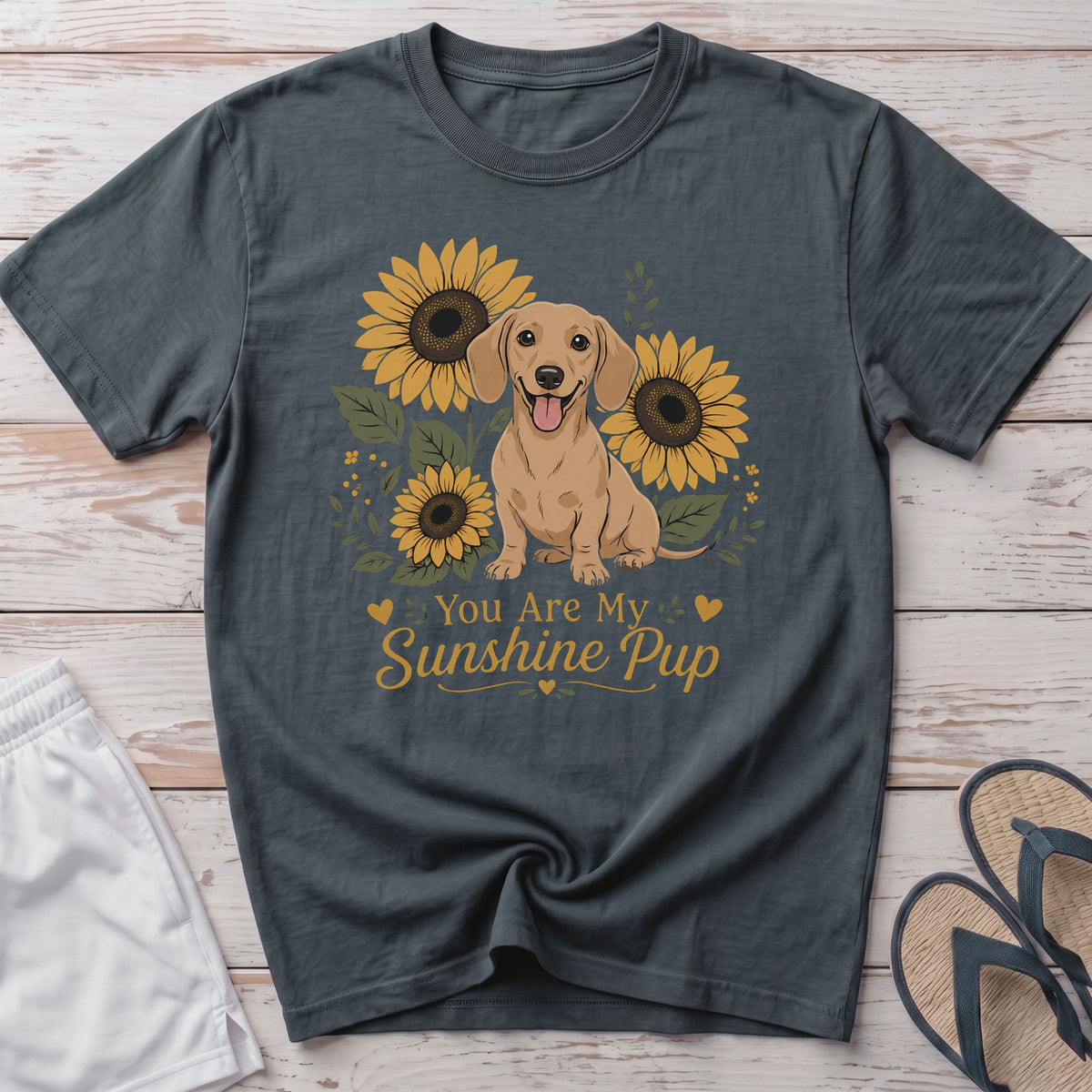 Grey t-shirt with dachshund, sunflowers, and text "You Are My Sunshine Pup".