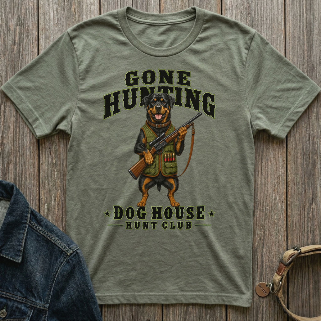 Green t-shirt with a Rottweiler holding a rifle, "Gone Hunting" text.