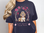 Dark blue t-shirt with a Shih Tzu dog and cherry blossoms; "Soft Heart Loyal Soul" text.