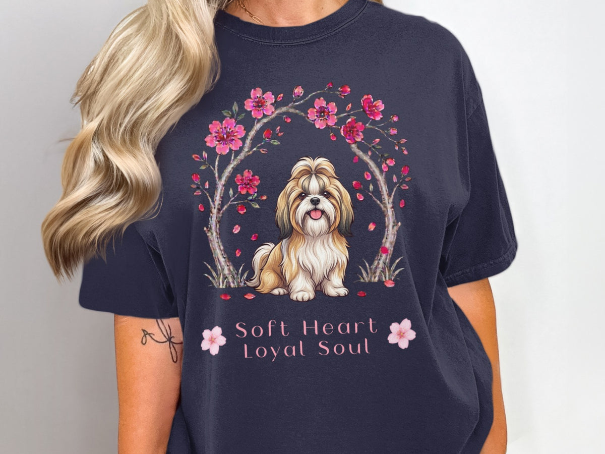 Dark blue t-shirt with a Shih Tzu dog and cherry blossoms; "Soft Heart Loyal Soul" text.