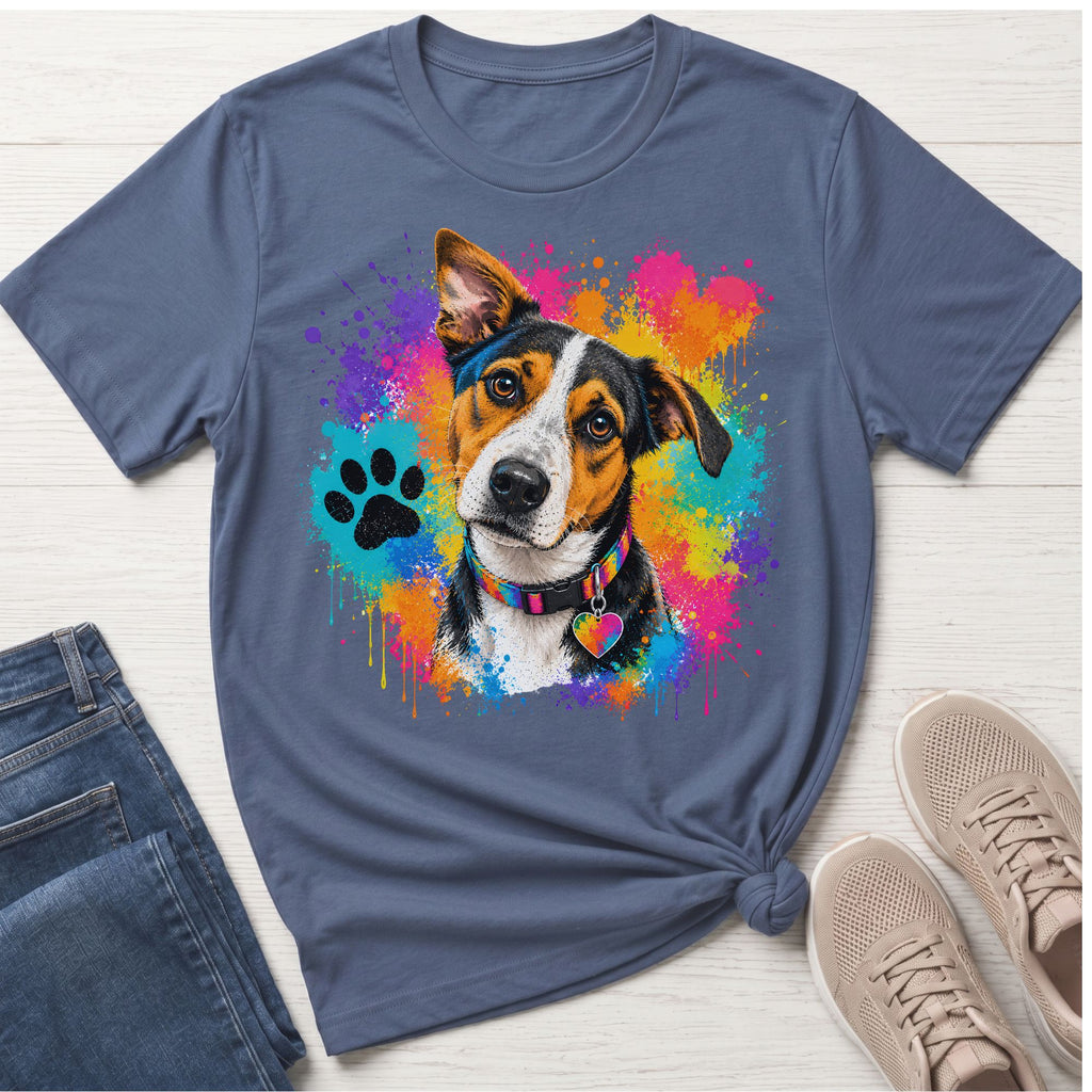 T-shirt with watercolor dog, paw print, and rainbow heart collar.