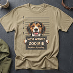 Beagle dog mugshot t-shirt with text "Most Wanted Zoomie Reckless Speeding."