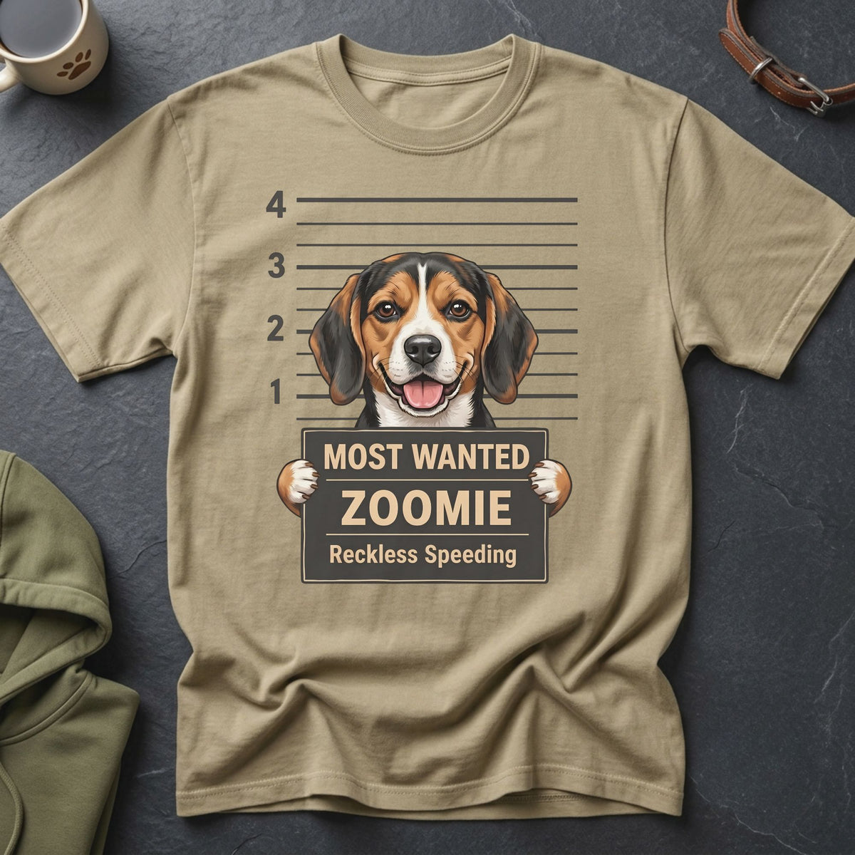 Beagle dog mugshot t-shirt with text "Most Wanted Zoomie Reckless Speeding."