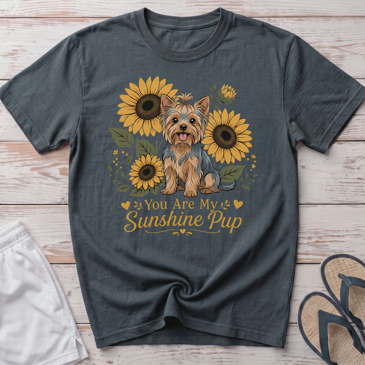 Yorkshire Terrier sitting amongst sunflowers with text "You Are My Sunshine Pup".
