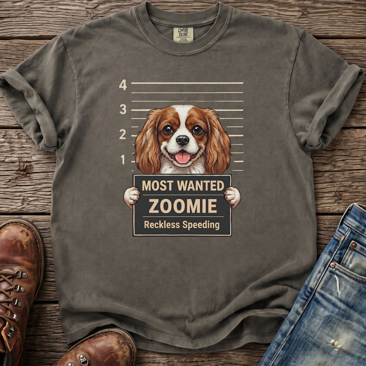 T-shirt graphic of a Cavalier King Charles Spaniel with "Most Wanted Zoomie Reckless Speeding" sign.