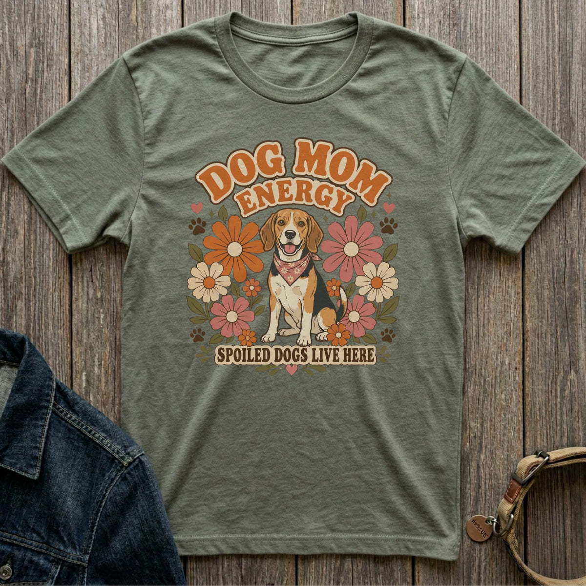 Green t-shirt with "Dog Mom Energy Spoiled Dogs Live Here" and a beagle.