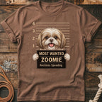 Shih Tzu dog mugshot graphic reading "Most Wanted Zoomie Reckless Speeding".