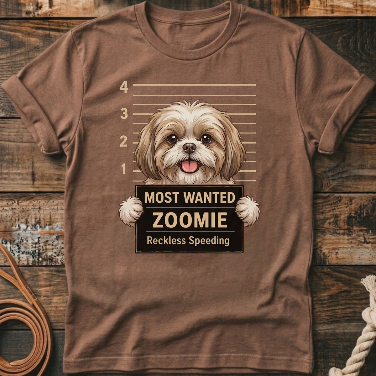 Shih Tzu dog mugshot graphic reading "Most Wanted Zoomie Reckless Speeding".