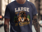 T-shirt graphic with dog, mug, and text "Large and in charge".