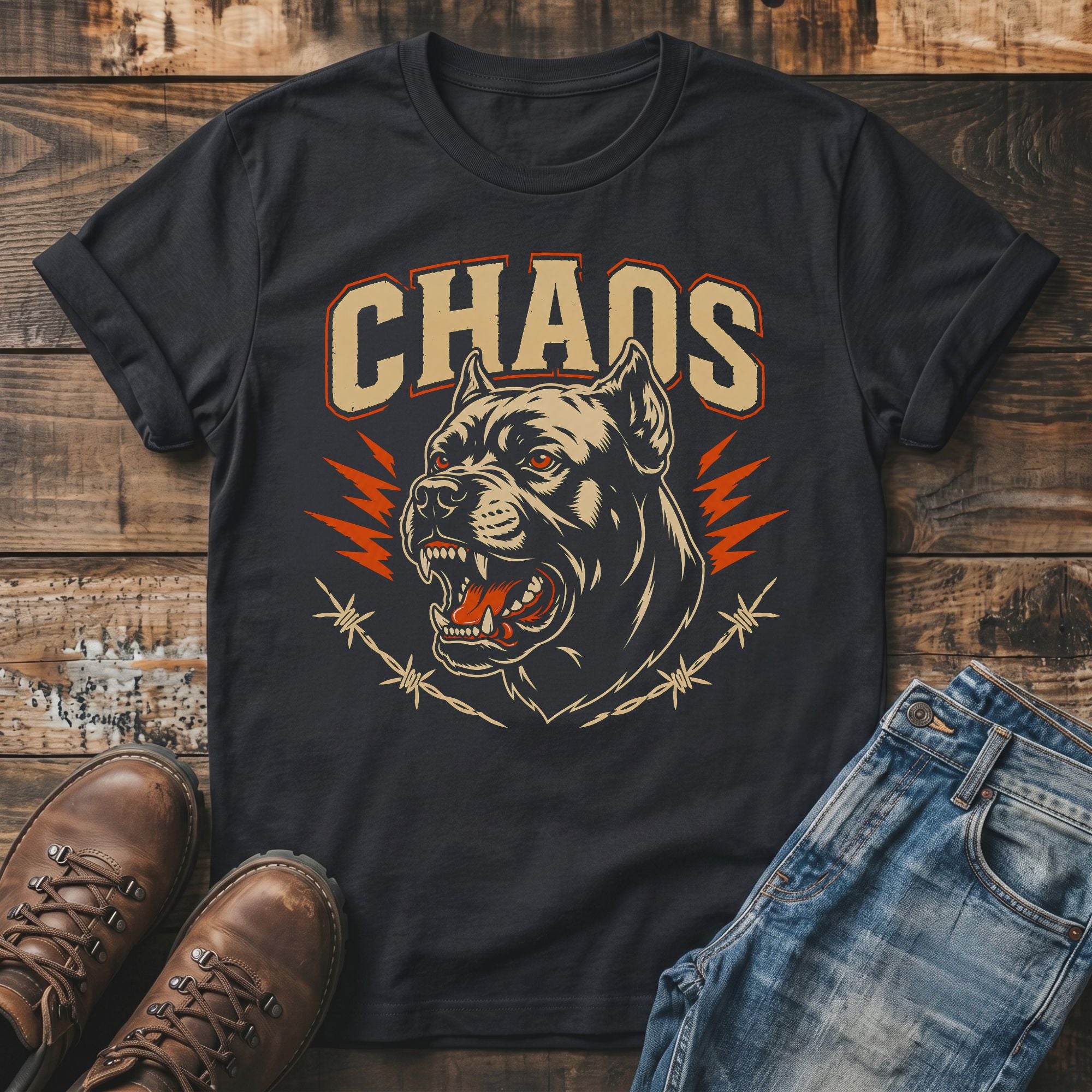 Black t-shirt with "CHAOS" text and a snarling dog graphic over barbed wire.