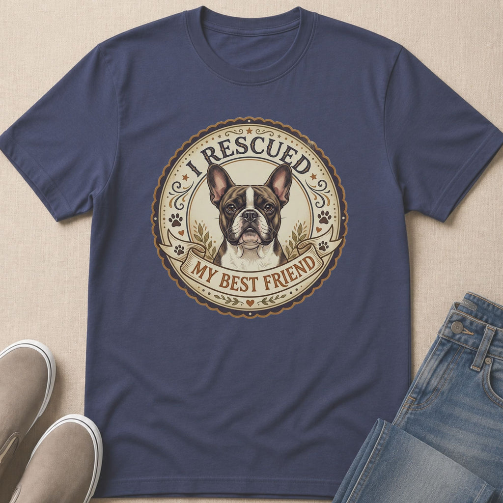 Blue t-shirt with French Bulldog design reading "I RESCUED MY BEST FRIEND".