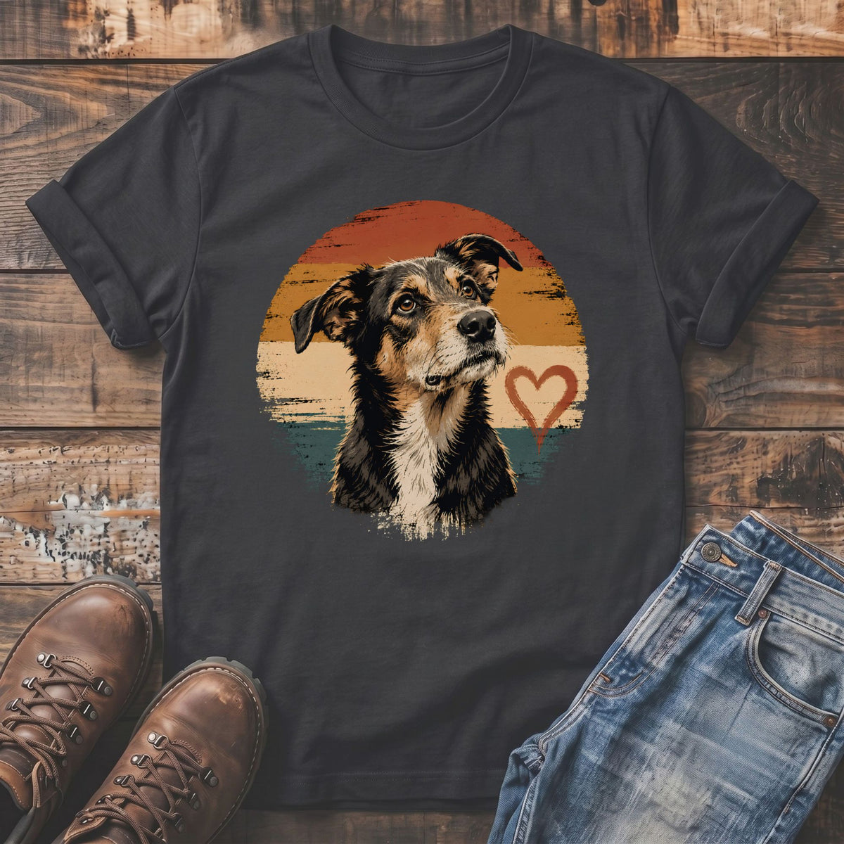 Dark t-shirt with a distressed dog portrait and heart graphic on a sunset background.