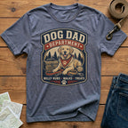 Dog Dad Department graphic with golden retriever, leash, and treats text.