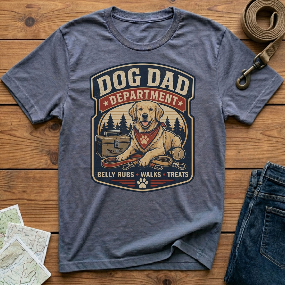 Dog Dad Department graphic with golden retriever, leash, and treats text.