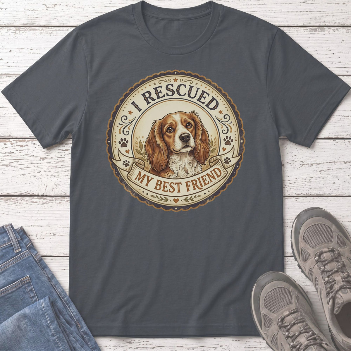 T-shirt with a dog illustration and text "I RESCUED MY BEST FRIEND".
